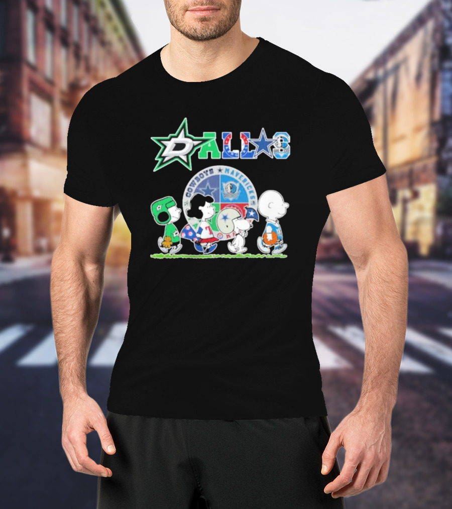 Peanuts Characters Walking With Dallas Cowboys Mavericks Stars T-Shirt