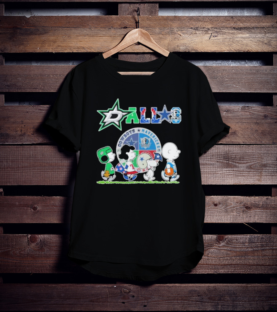Peanuts Characters Walking With Dallas Cowboys Mavericks Stars T-Shirt