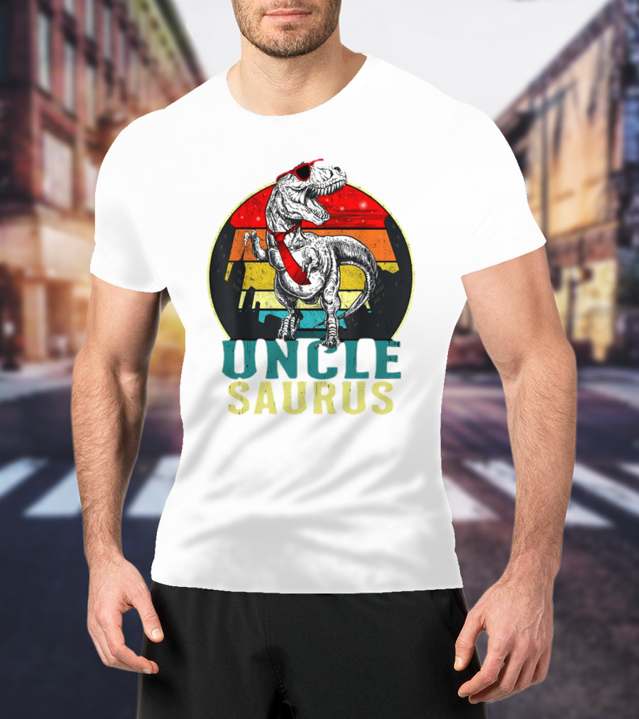 Uncle Saurus Rex Dinosaur With Sunglasses And Red Tie Fathers Day T-Shirt