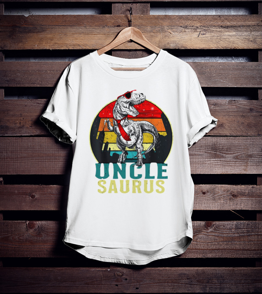 Uncle Saurus Rex Dinosaur With Sunglasses And Red Tie Fathers Day T-Shirt