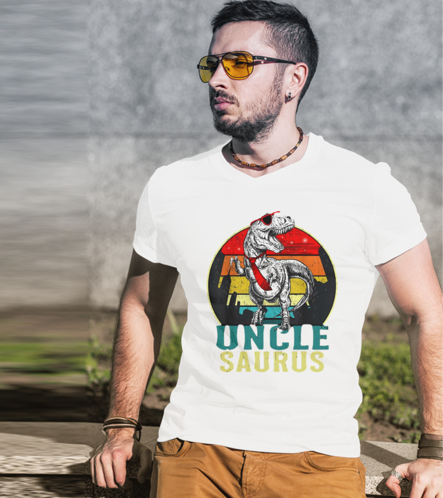 Uncle Saurus Rex Dinosaur With Sunglasses And Red Tie Fathers Day T-Shirt