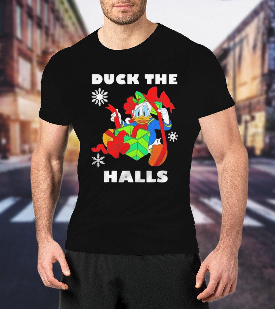Duck The Halls Christmas With Present And Snowflakes T-Shirt