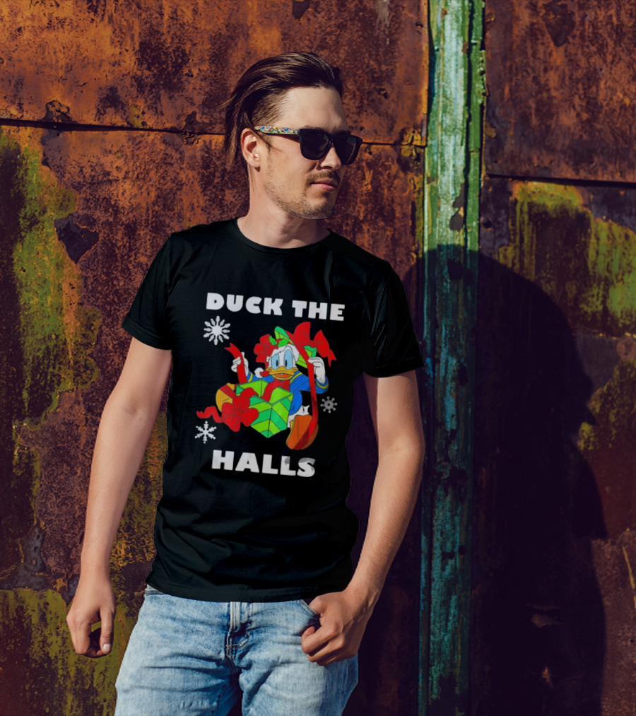 Duck The Halls Christmas With Present And Snowflakes T-Shirt