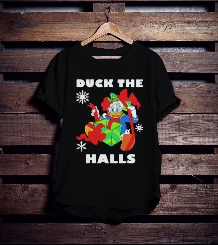 Duck The Halls Christmas With Present And Snowflakes T-Shirt