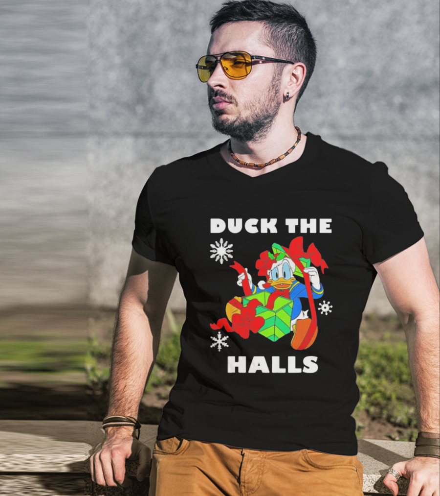 Duck The Halls Christmas With Present And Snowflakes T-Shirt