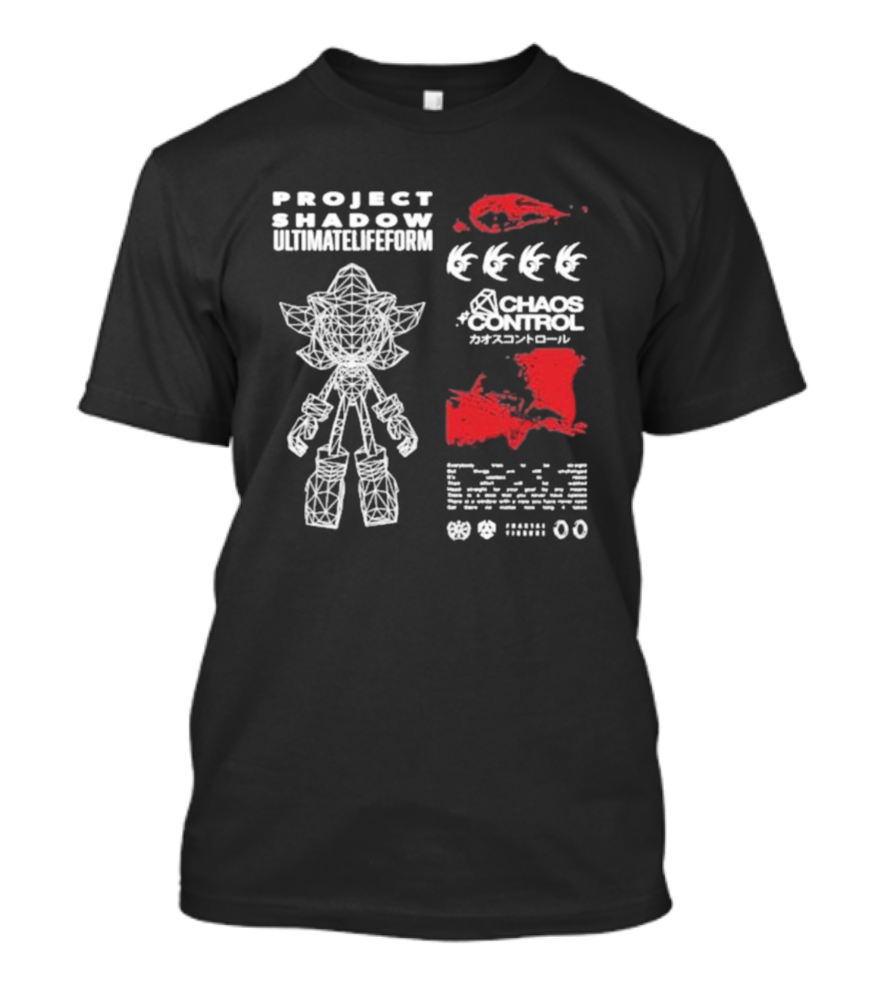Project Shadow Ultimate Lifeform Chaos Control Japanese Text Wireframe Character Red Elements T-Shirt