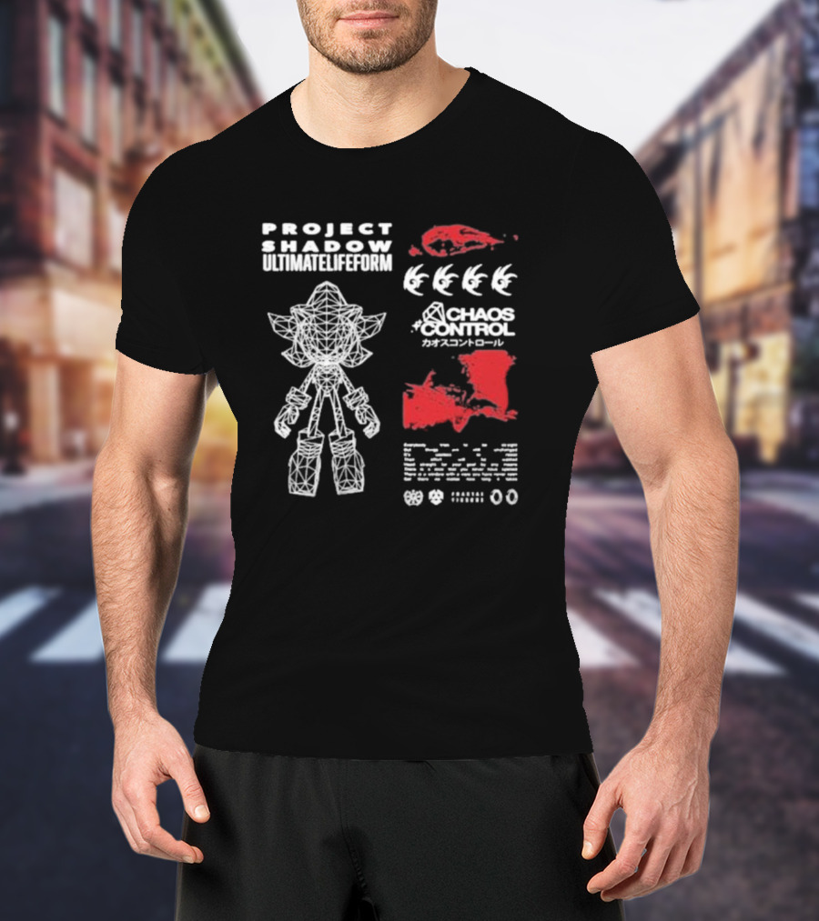 Project Shadow Ultimate Lifeform Chaos Control Japanese Text Wireframe Character Red Elements T-Shirt