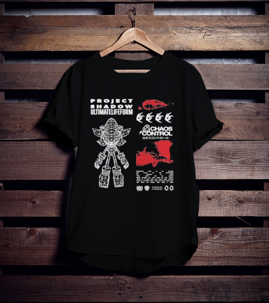 Project Shadow Ultimate Lifeform Chaos Control Japanese Text Wireframe Character Red Elements T-Shirt