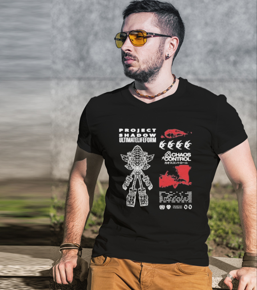 Project Shadow Ultimate Lifeform Chaos Control Japanese Text Wireframe Character Red Elements T-Shirt