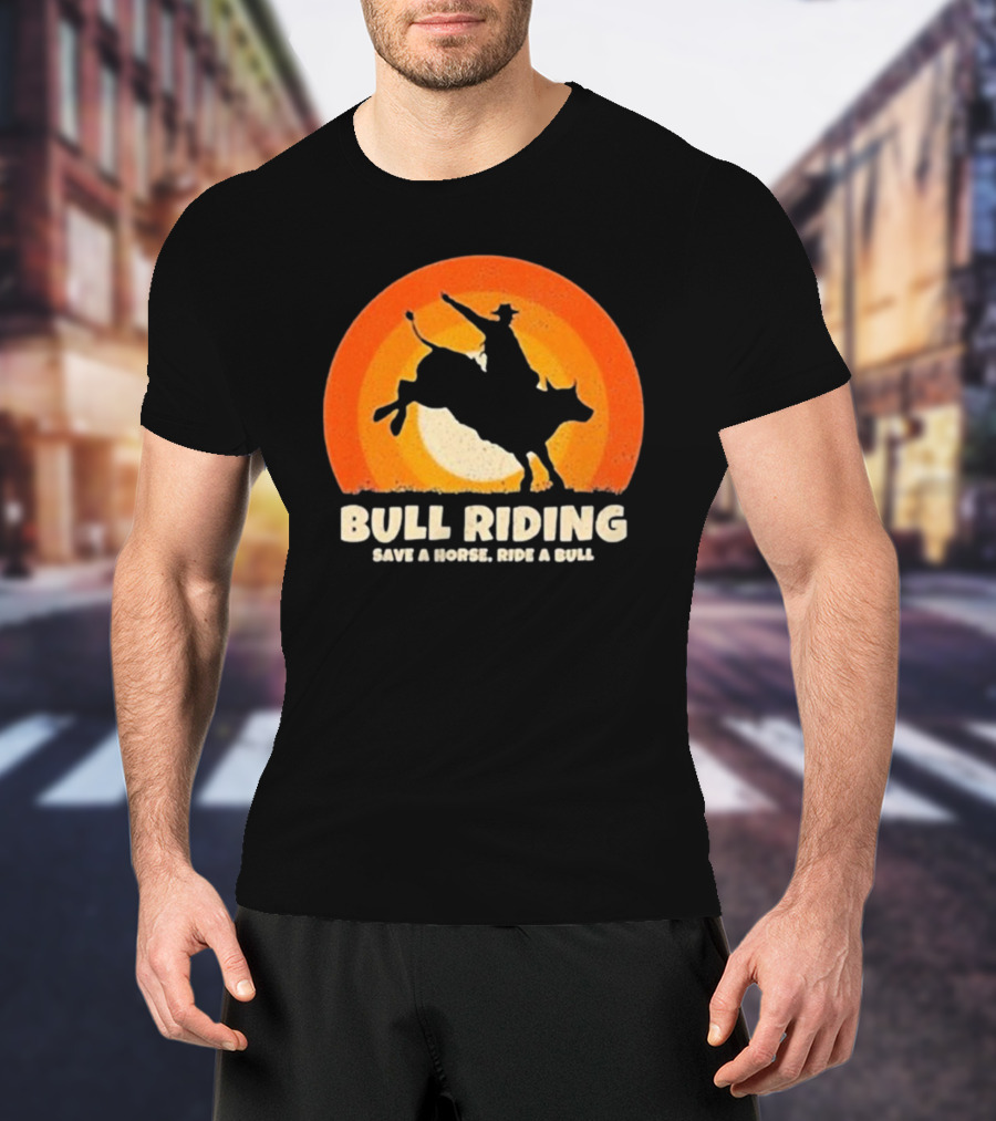 Bull Riding Save A Horse Ride A Bull Sunset Silhouette Cowboy Vintage T-Shirt