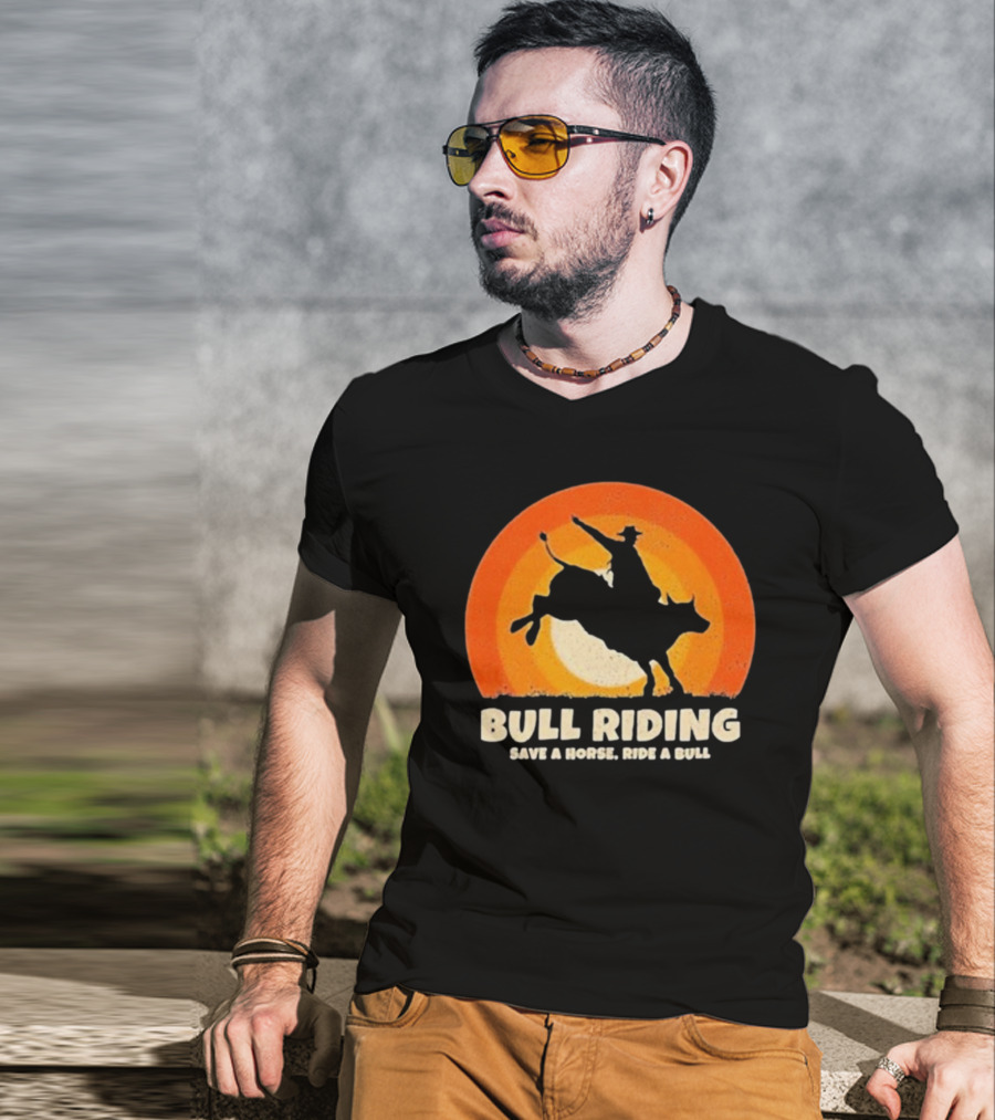 Bull Riding Save A Horse Ride A Bull Sunset Silhouette Cowboy Vintage T-Shirt
