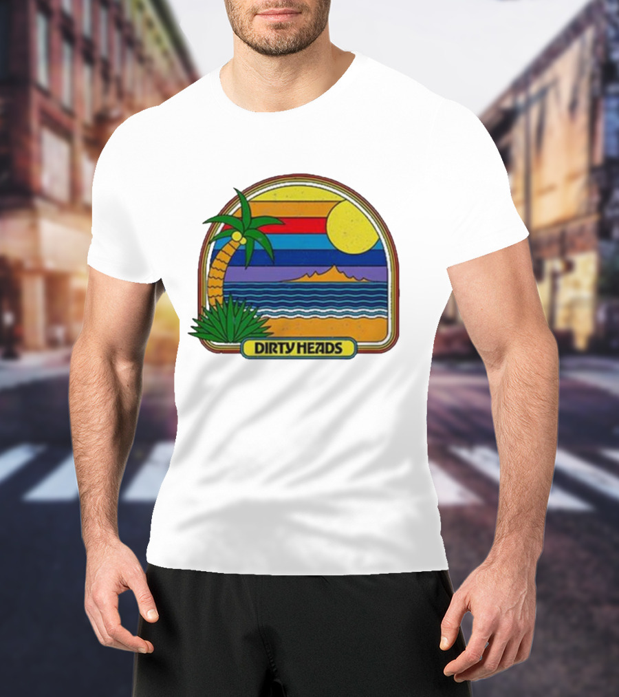 Dirty Heads Retro Beach Sunset Palms Ocean Scene T-Shirt