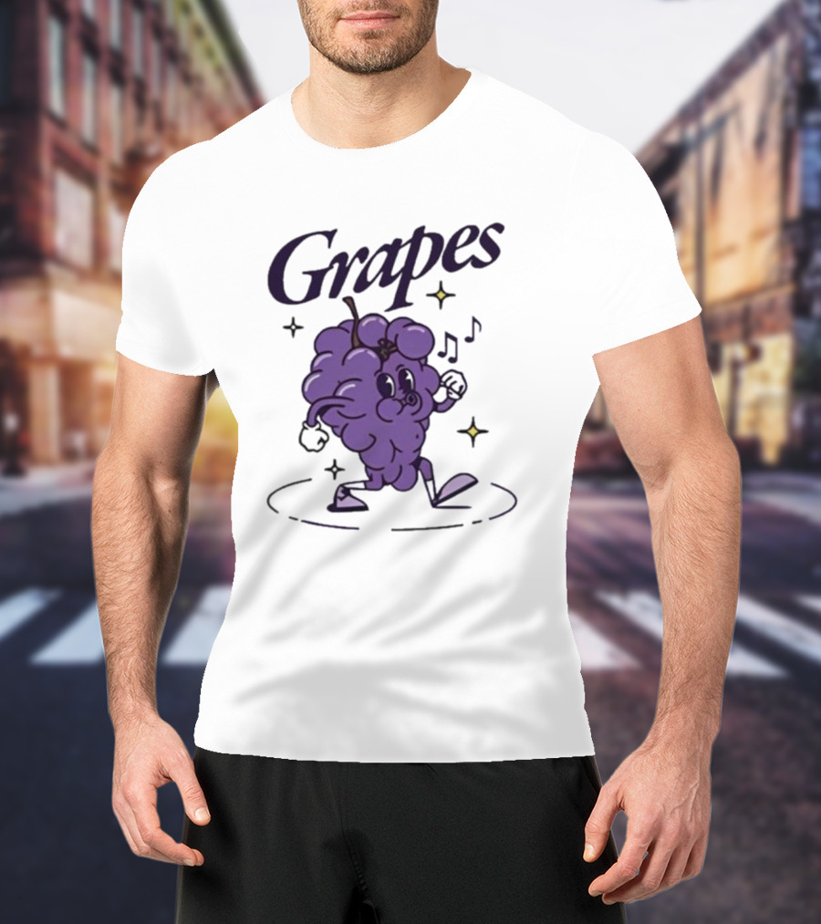 James Marriott Grapes Dancing Purple Cartoon With Musical Notes And Stars T-Shirt