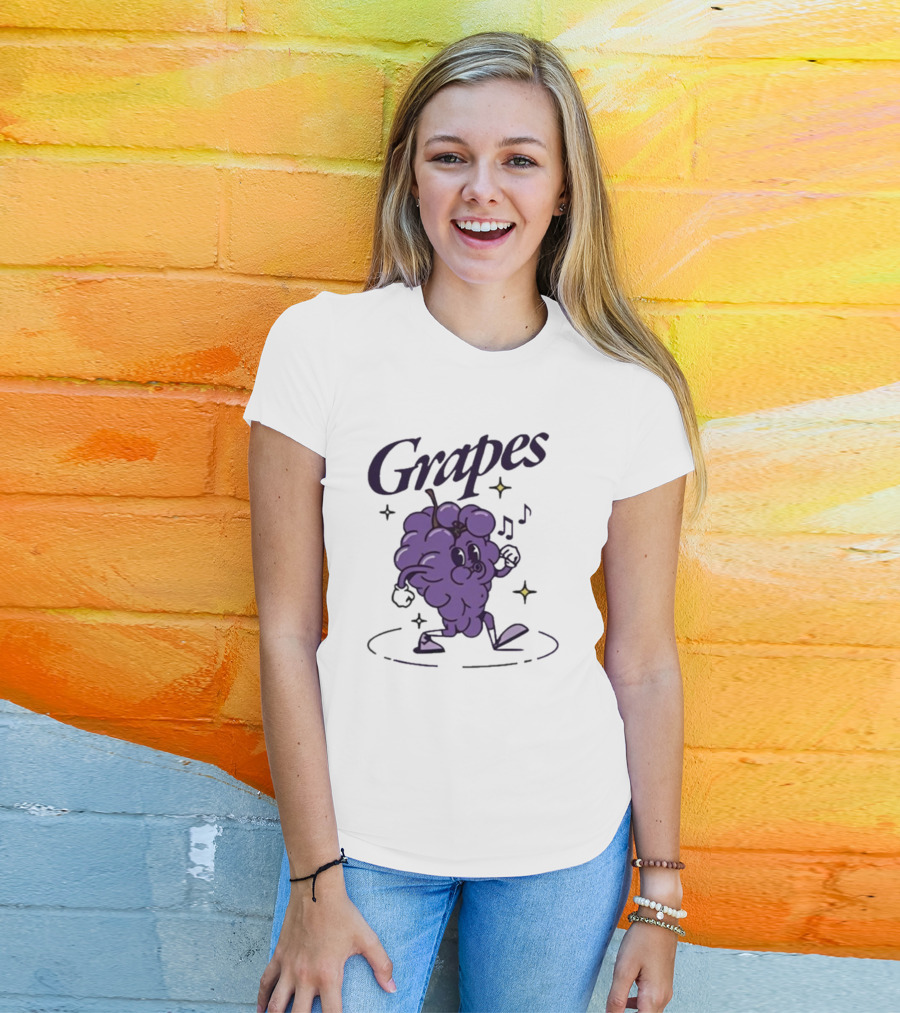James Marriott Grapes Dancing Purple Cartoon With Musical Notes And Stars T-Shirt