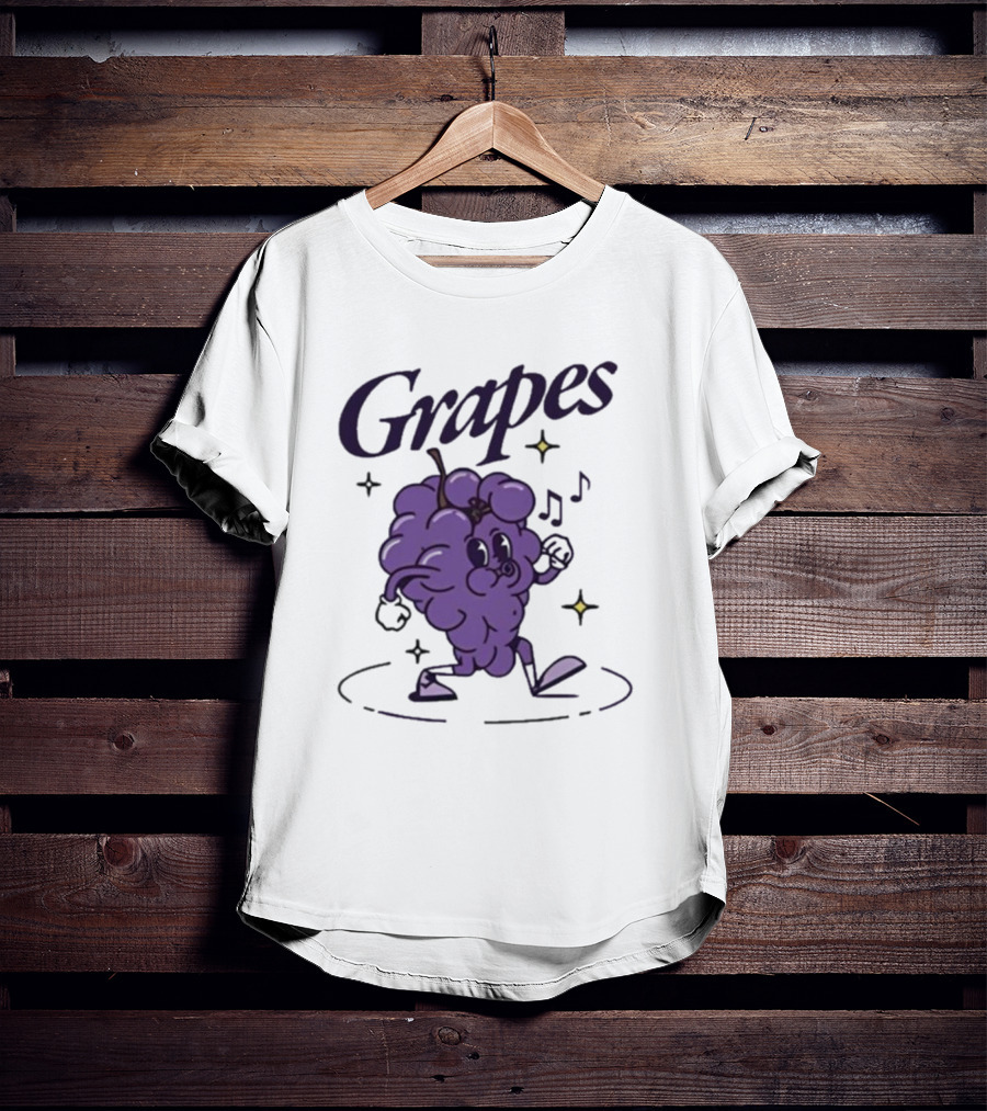 James Marriott Grapes Dancing Purple Cartoon With Musical Notes And Stars T-Shirt