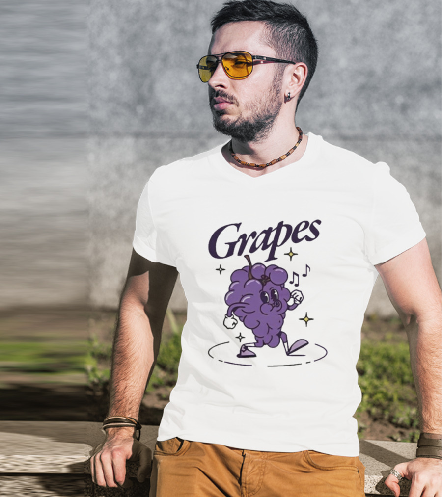 James Marriott Grapes Dancing Purple Cartoon With Musical Notes And Stars T-Shirt