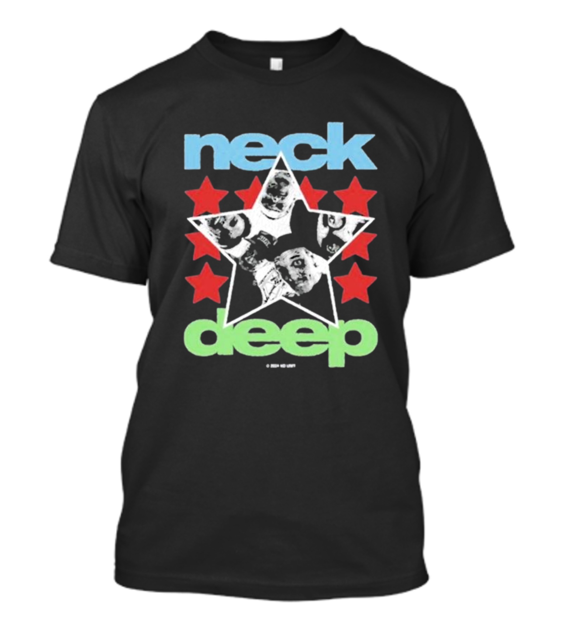 Neck Deep Blue And Green Star With Red Stars And Faces T-Shirt