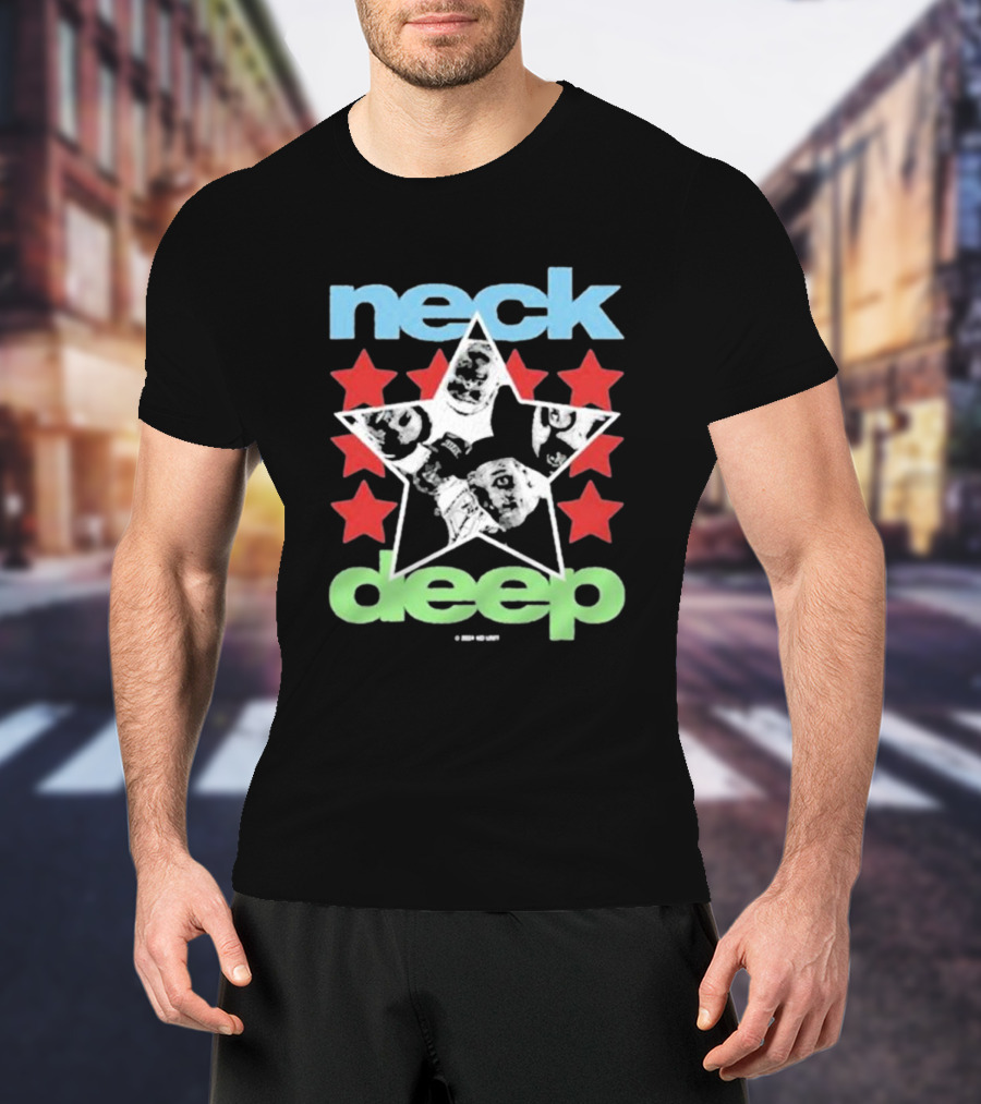 Neck Deep Blue And Green Star With Red Stars And Faces T-Shirt