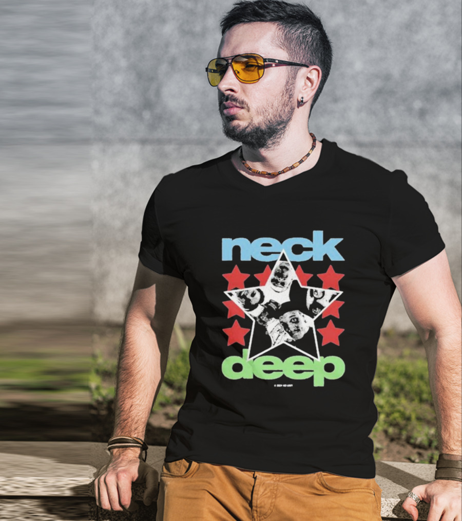 Neck Deep Blue And Green Star With Red Stars And Faces T-Shirt