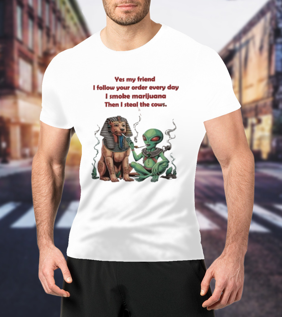 Yes My Friend I Follow Your Order Every Day I Smoke Marijuana Then I Steal The Cows Alien With Sphinx Smoking T-Shirt