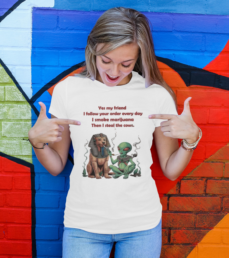 Yes My Friend I Follow Your Order Every Day I Smoke Marijuana Then I Steal The Cows Alien With Sphinx Smoking T-Shirt
