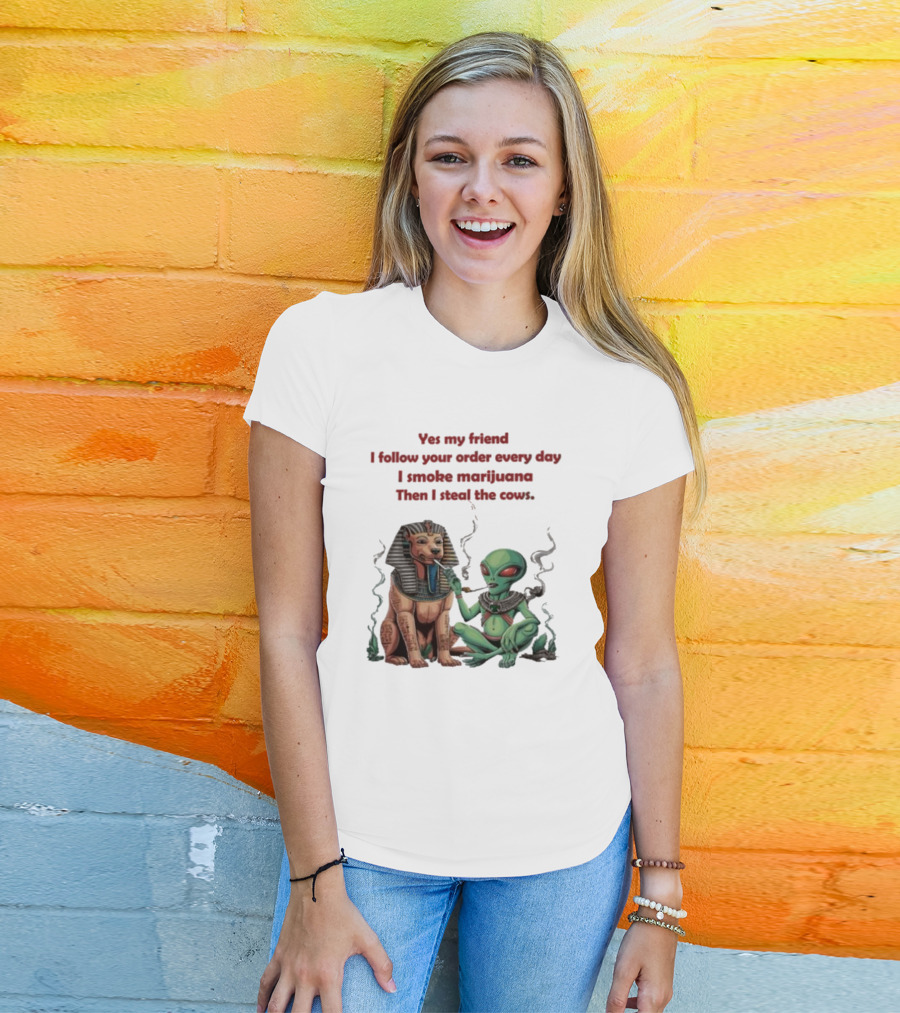 Yes My Friend I Follow Your Order Every Day I Smoke Marijuana Then I Steal The Cows Alien With Sphinx Smoking T-Shirt