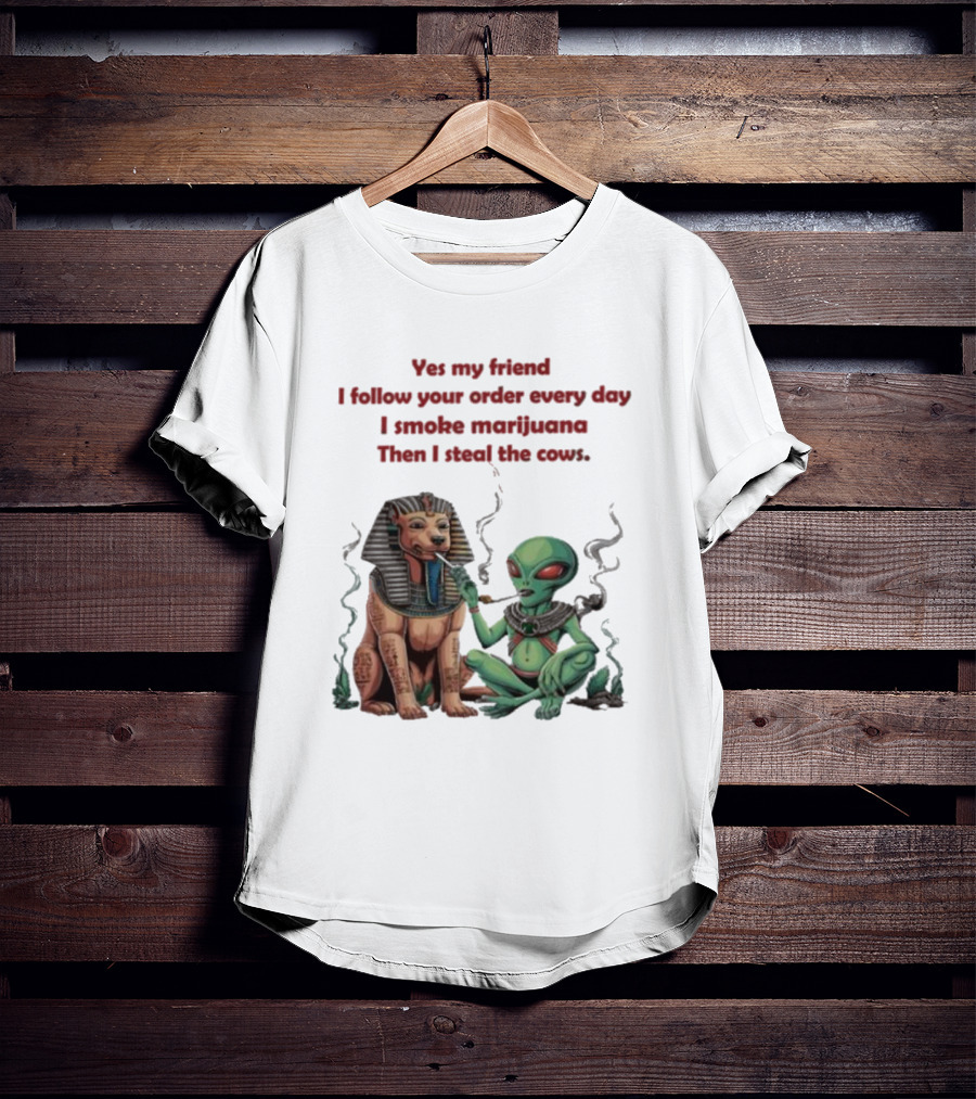 Yes My Friend I Follow Your Order Every Day I Smoke Marijuana Then I Steal The Cows Alien With Sphinx Smoking T-Shirt