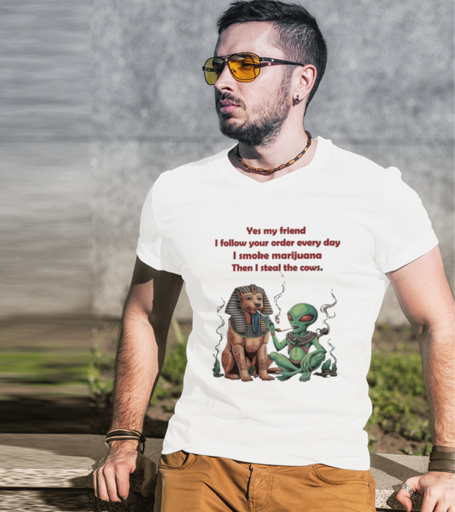 Yes My Friend I Follow Your Order Every Day I Smoke Marijuana Then I Steal The Cows Alien With Sphinx Smoking T-Shirt