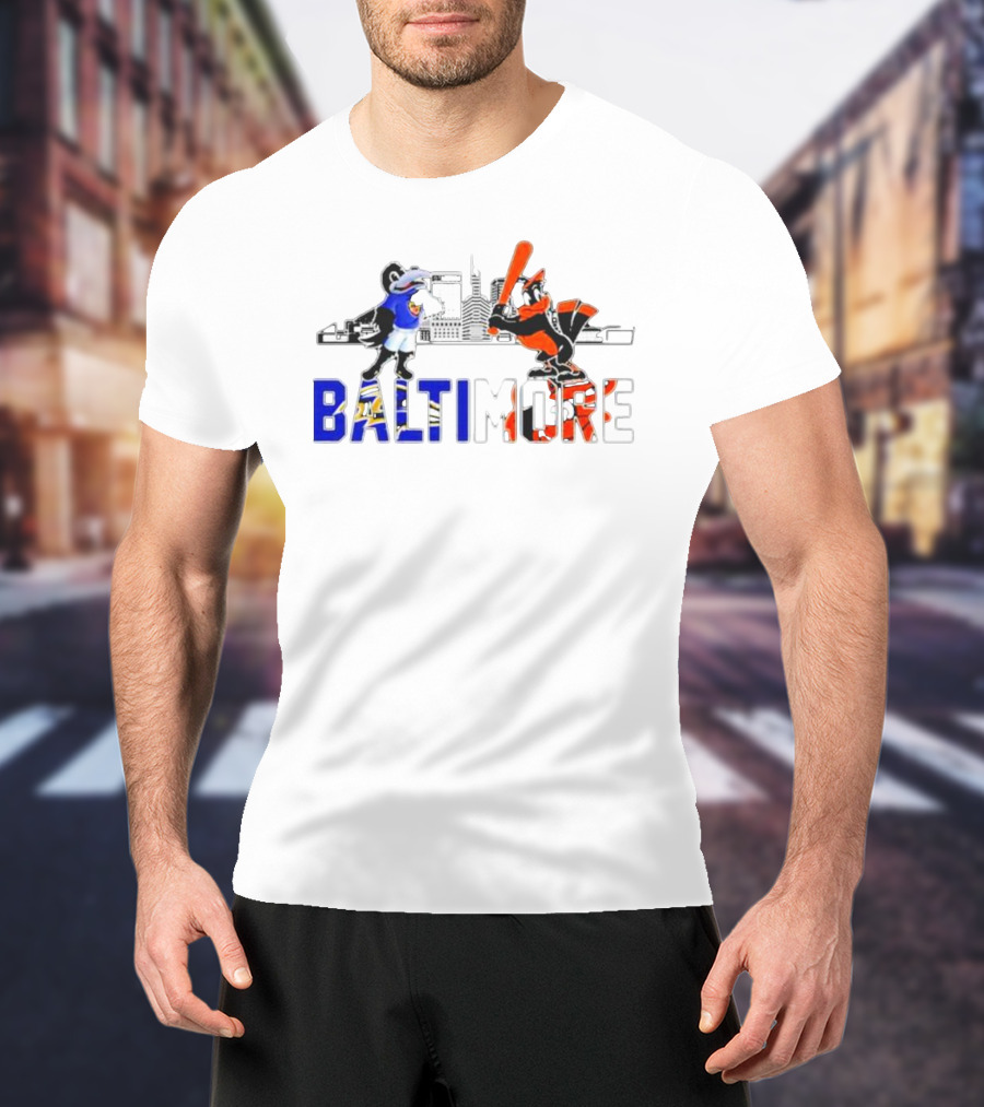 Baltimore Ravens And Orioles Mascot Skyline T-Shirt