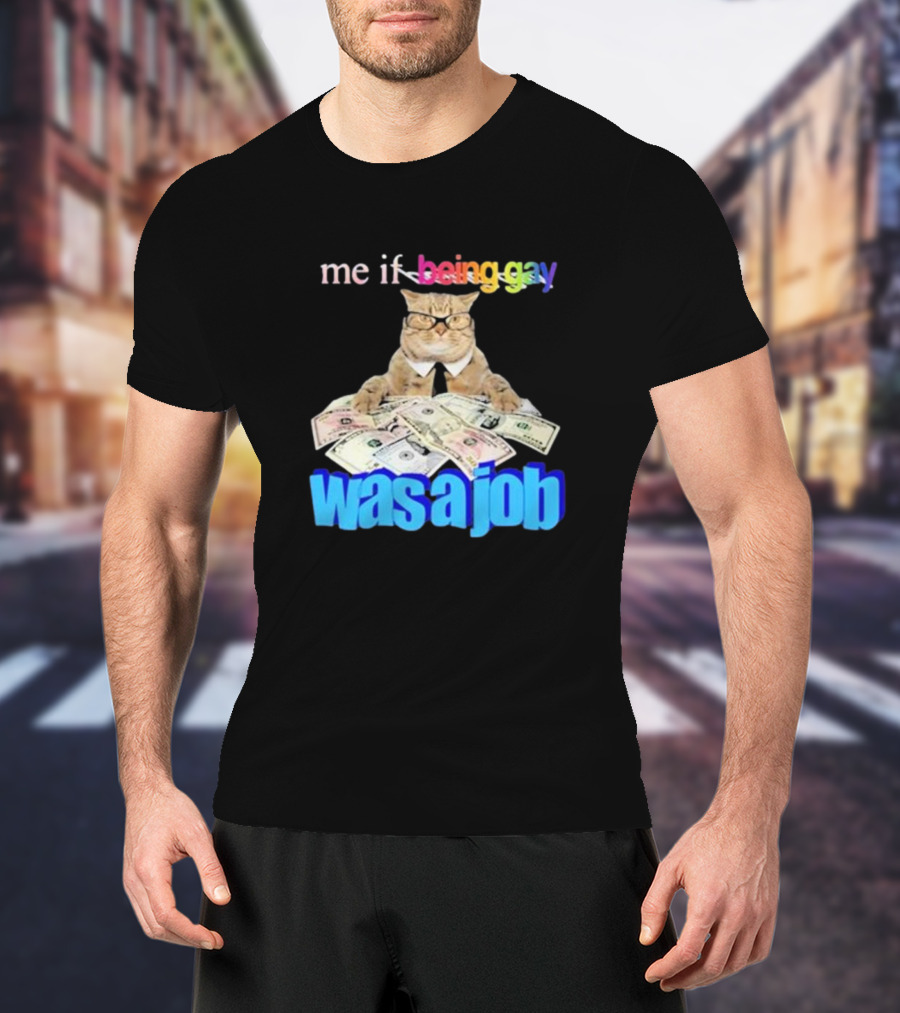 Cat With Money And Rainbow Text Me If Being Gay Was A Job T-Shirt