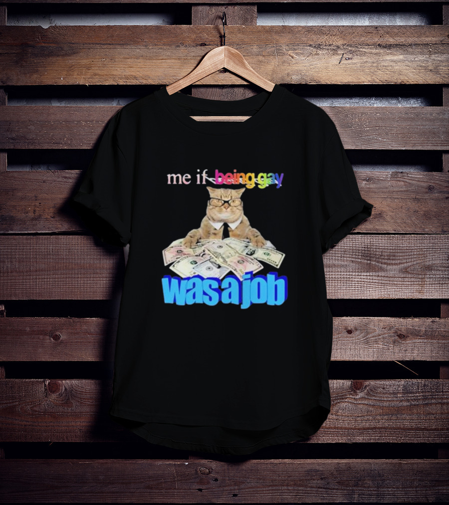 Cat With Money And Rainbow Text Me If Being Gay Was A Job T-Shirt