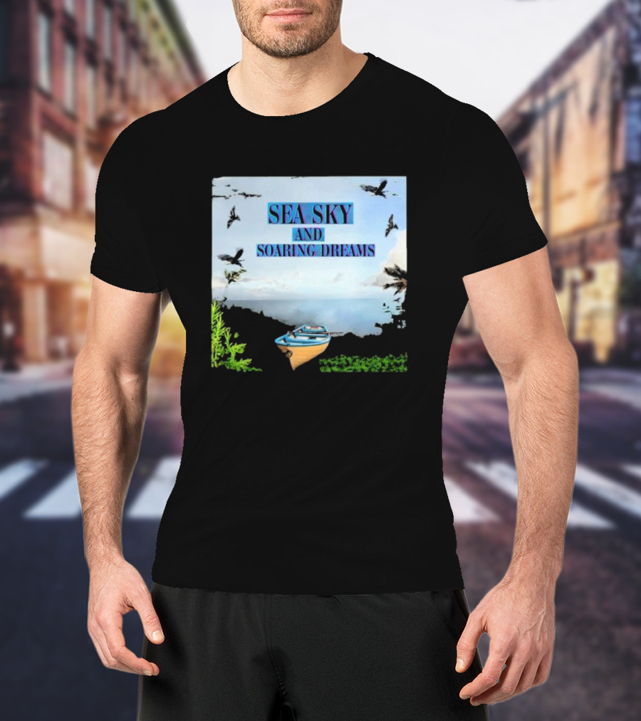 SEA SKY AND SOARING DREAMS WITH BIRDS AND BOAT IN NATURE SCENE T-Shirt
