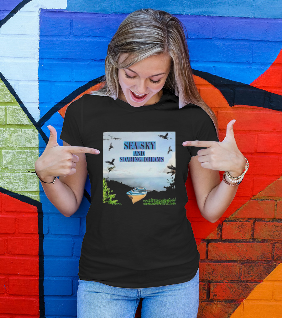 SEA SKY AND SOARING DREAMS WITH BIRDS AND BOAT IN NATURE SCENE T-Shirt