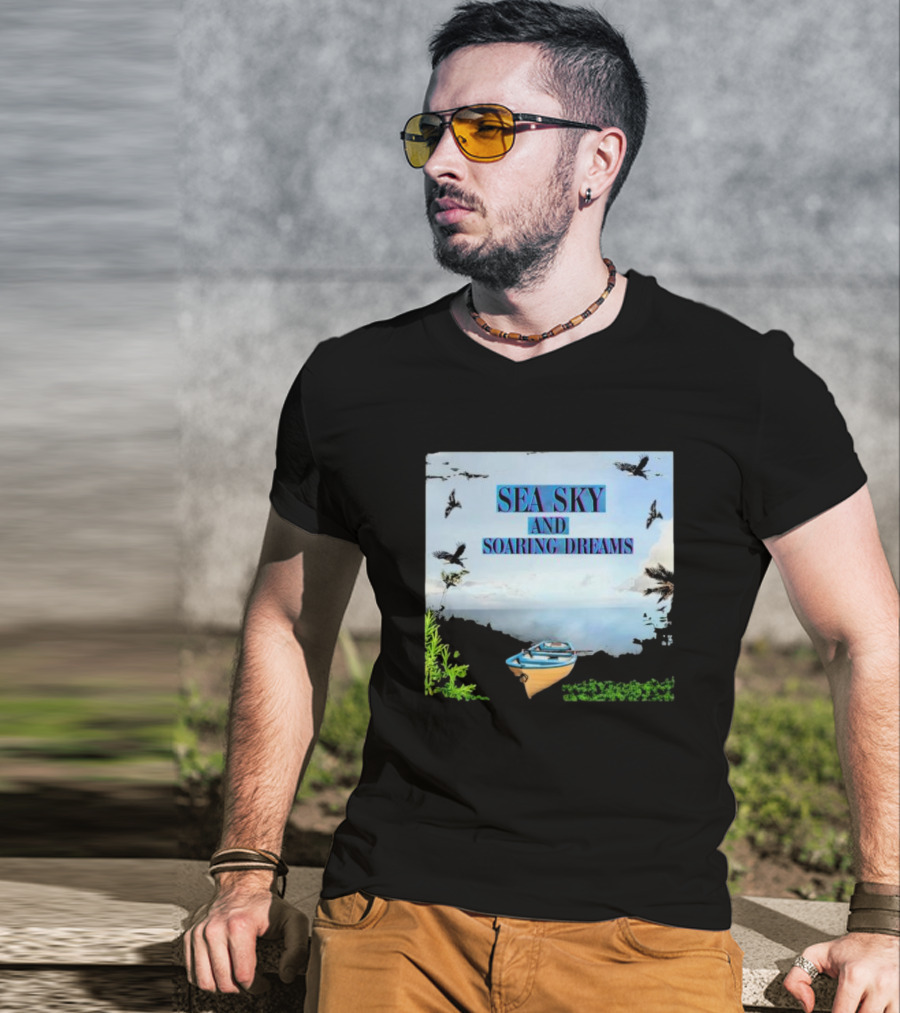 SEA SKY AND SOARING DREAMS WITH BIRDS AND BOAT IN NATURE SCENE T-Shirt