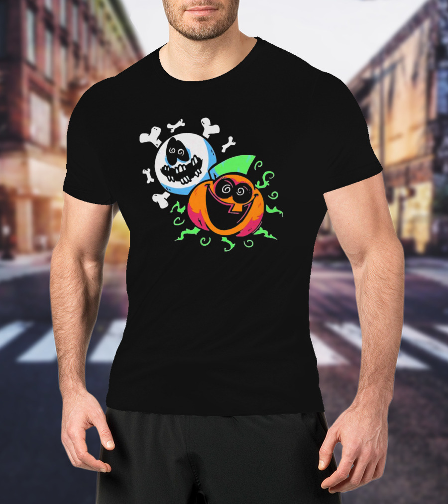 Spooky Month Colorful Cartoon Ghosts And Pumpkins With Bones T-Shirt