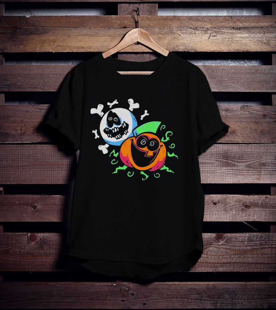 Spooky Month Colorful Cartoon Ghosts And Pumpkins With Bones T-Shirt