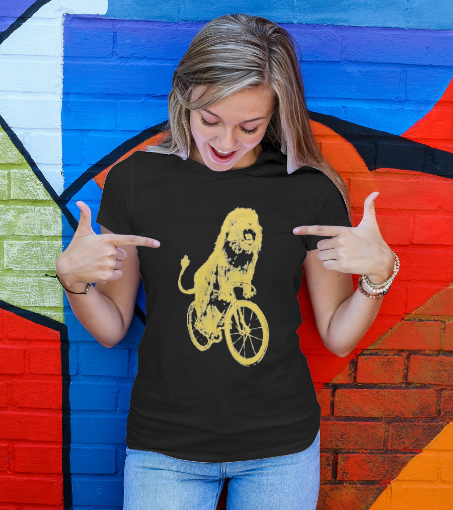 Lion Riding Bicycle Sketch Yellow T-Shirt