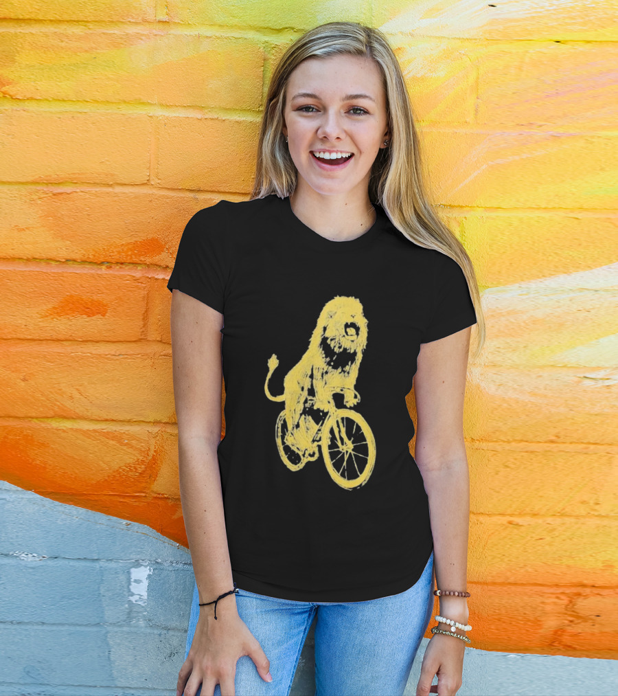 Lion Riding Bicycle Sketch Yellow T-Shirt