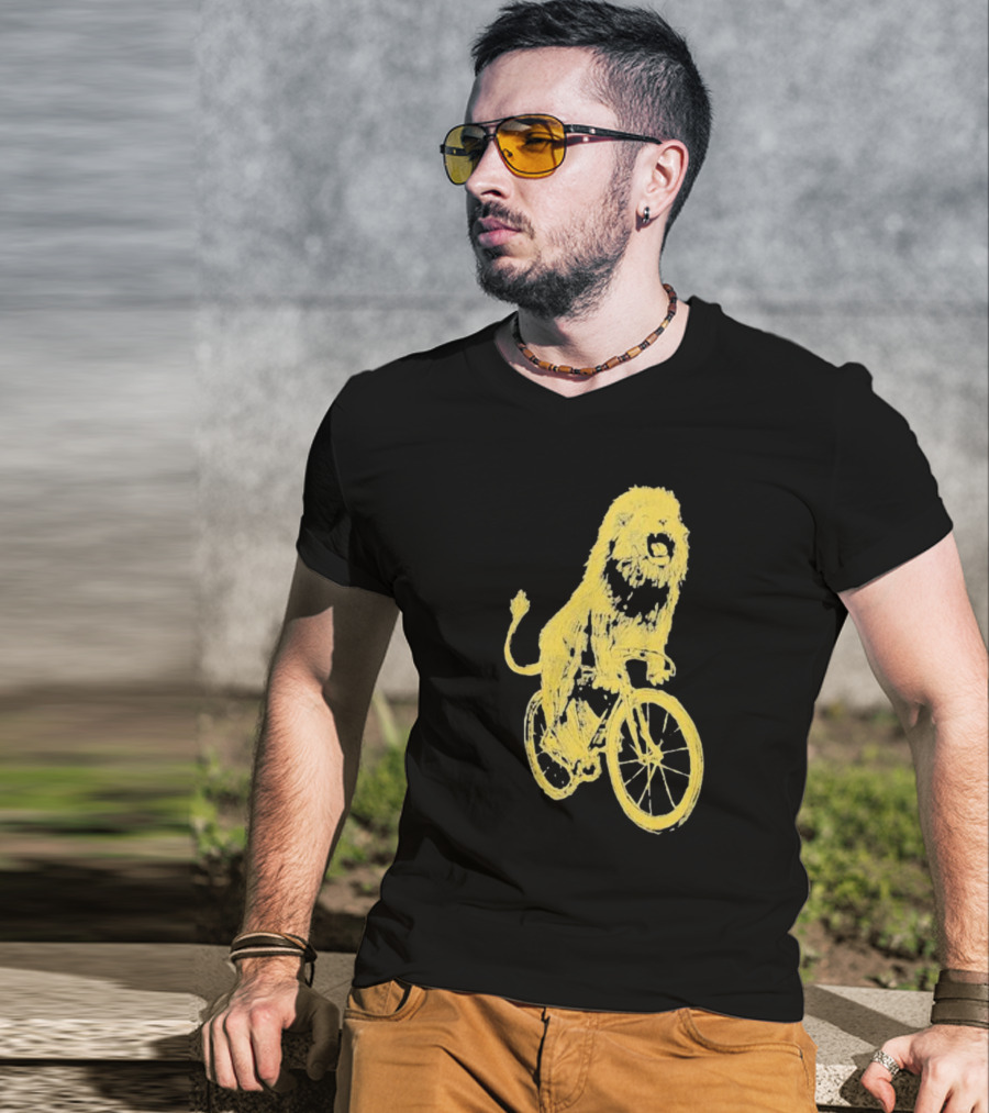 Lion Riding Bicycle Sketch Yellow T-Shirt