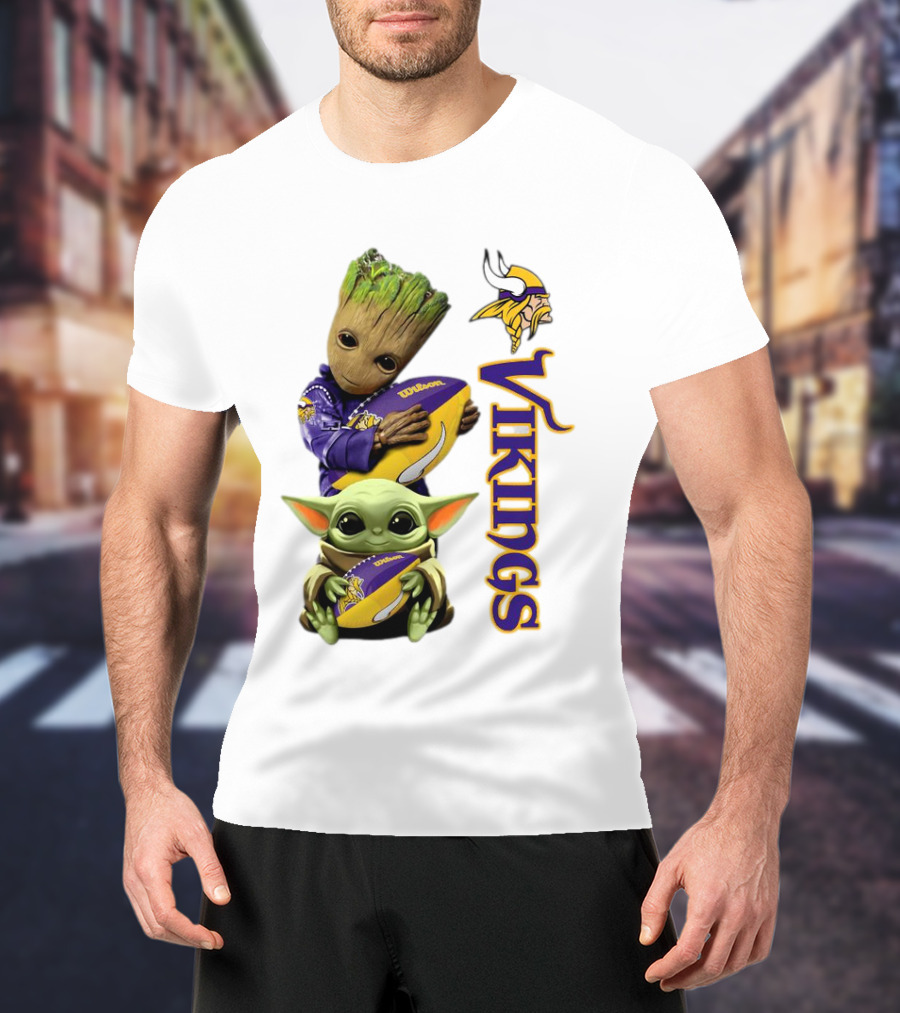 Baby Groot And Yoda Hugging Minnesota Vikings Football T-Shirt