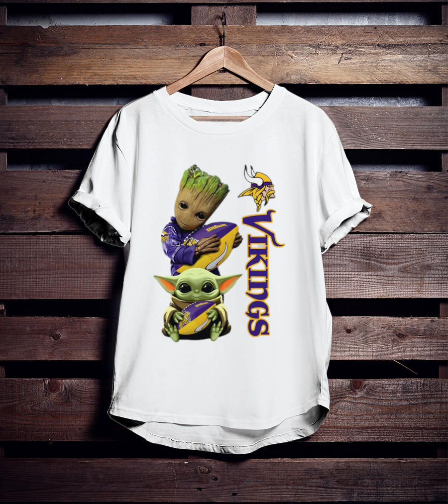 Baby Groot And Yoda Hugging Minnesota Vikings Football T-Shirt