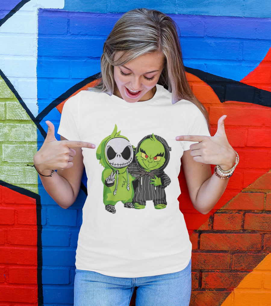 Baby Jack Skellington And Grinch In Green Hoodies T-Shirt