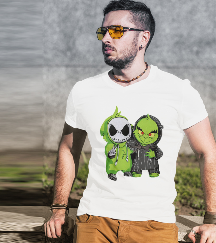 Baby Jack Skellington And Grinch In Green Hoodies T-Shirt