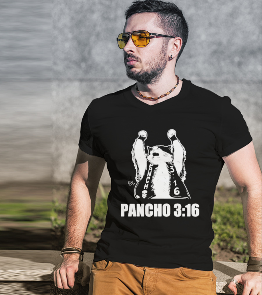 Pancho 3:16 Cat Illustration With Skull Motif And Raised Paws T-Shirt