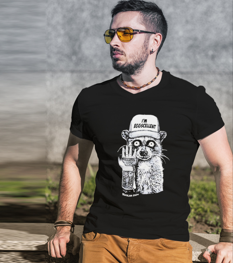 I'm Eggscellent Rigby Regular Show Raccoon Wearing Hat With Cybernetic Arm T-Shirt