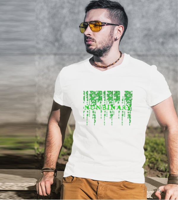 Non Binary Code Matrix-Inspired Green Text T-Shirt