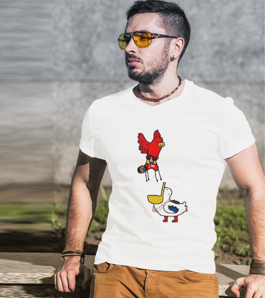 Atlanta Hawks Trade Dejounte Murray Featuring Cartoon Red Hawk Flying Over Pelican T-Shirt