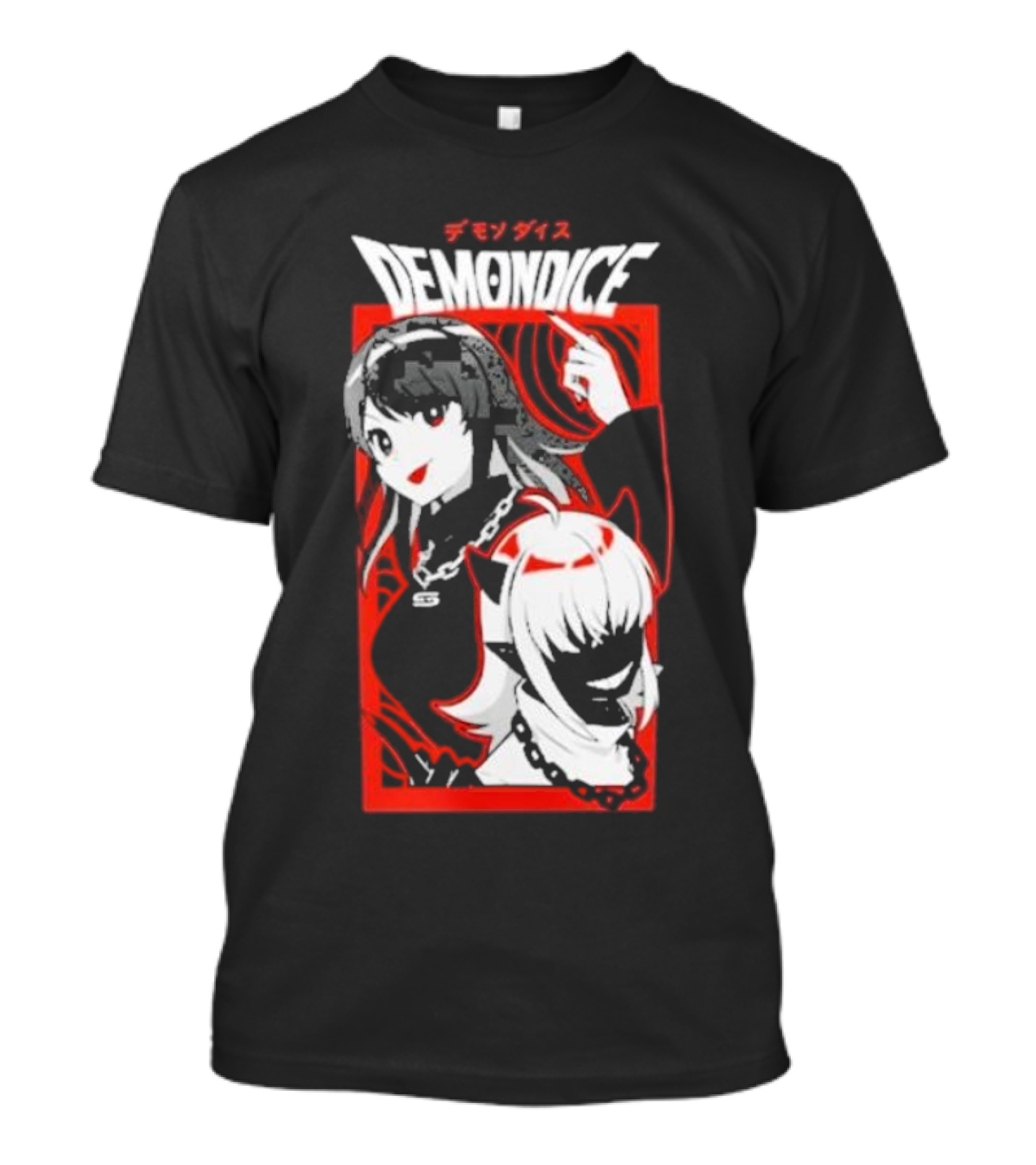 DEMONDICE Anime Style Red And White Character Design Chains T-Shirt