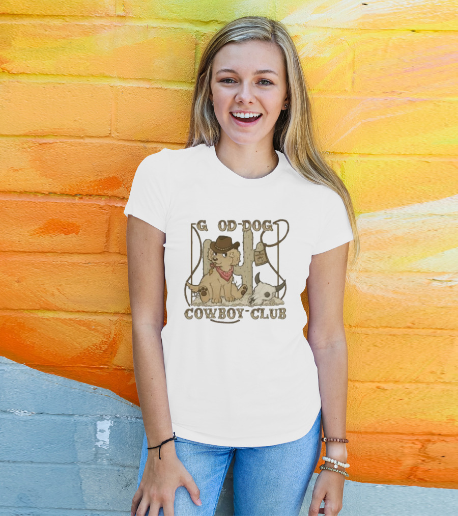 Good Dog Cowboy Club Cute Puppy With Bandana And Cowboy Hat In Western Scene T-Shirt