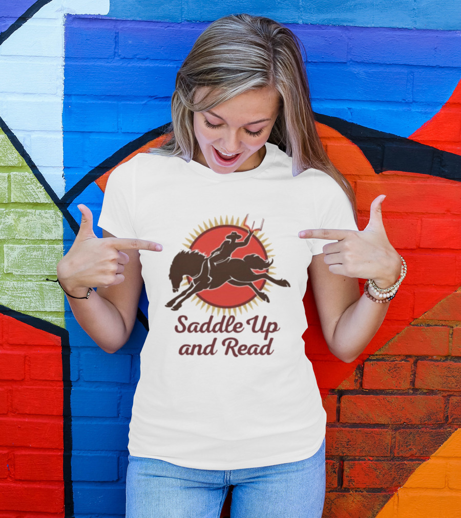 Saddle Up And Read Horseback Silhouette Against Sunburst T-Shirt